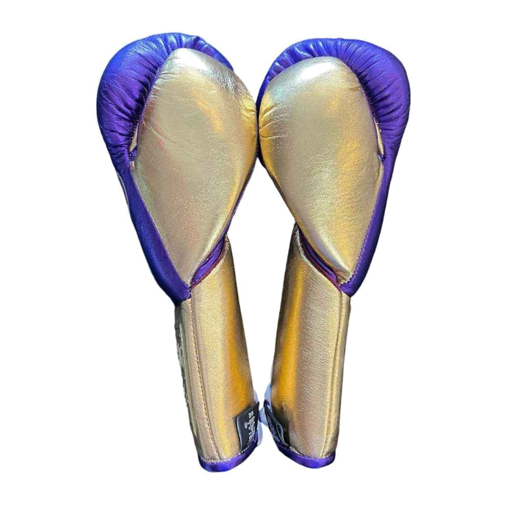 NBNL metallic purple gold lace-up gloves pair displayed together