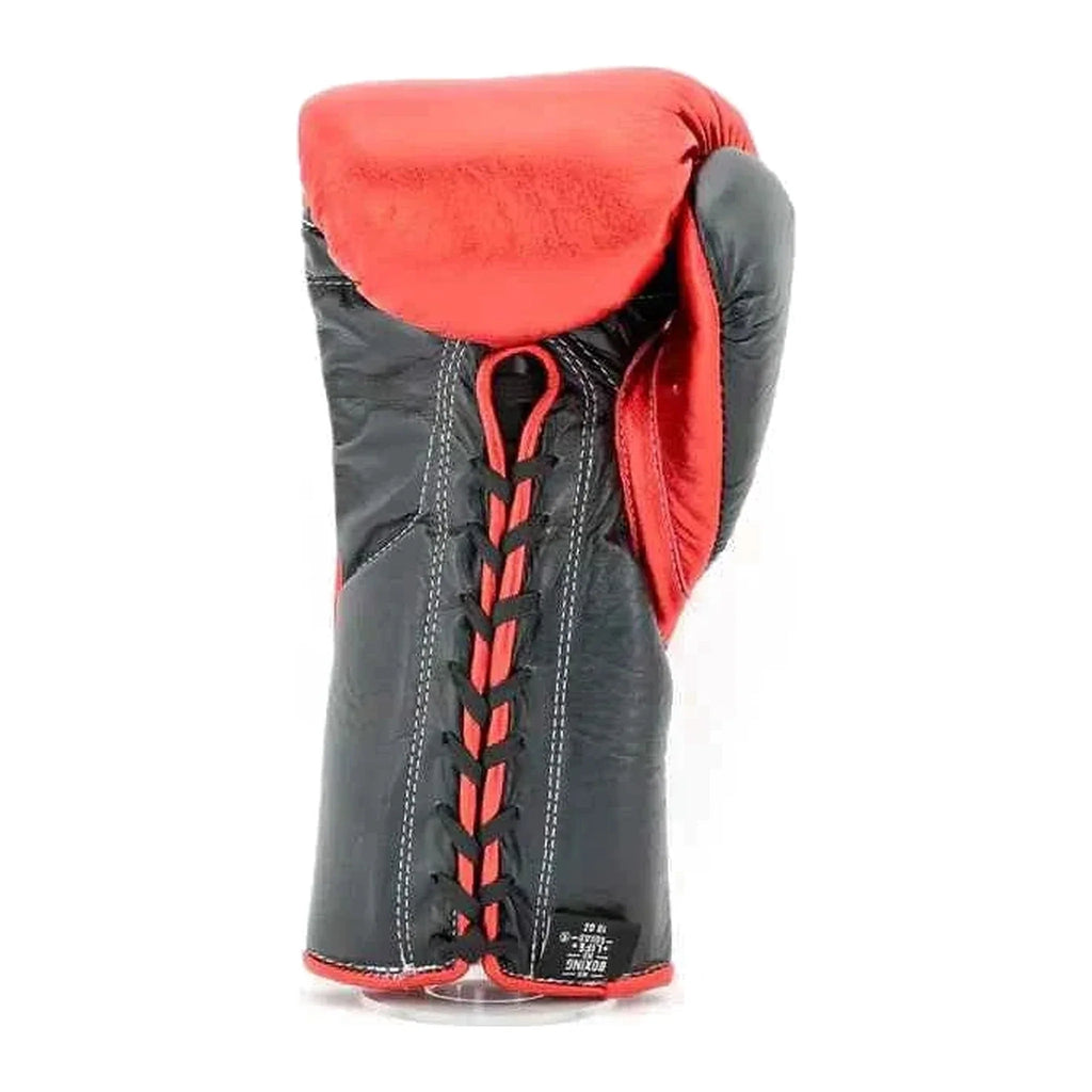 No Boxing No Life metallic red black lace-up gloves pair displayed
