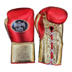 No Boxing No Life red gold gloves close-up of metallic leather finish