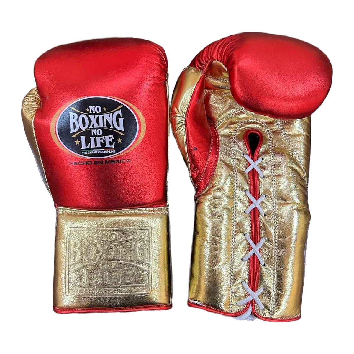 No Boxing No Life red gold gloves close-up of metallic leather finish