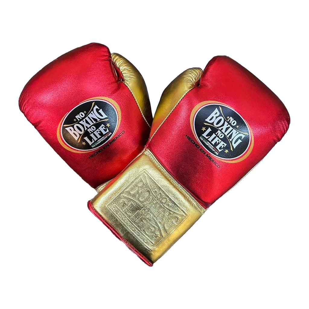 No Boxing No Life red and gold lace-up gloves pair displayed together