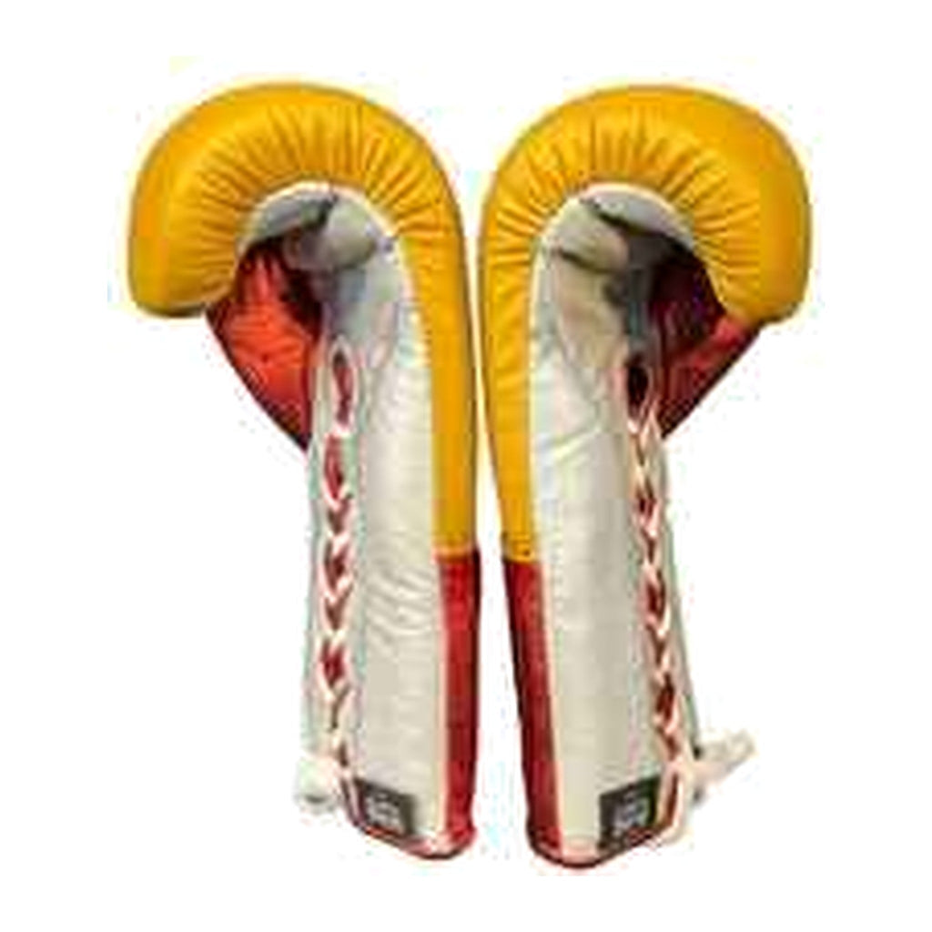No Boxing No Life mustard red lace-up gloves pair displayed together