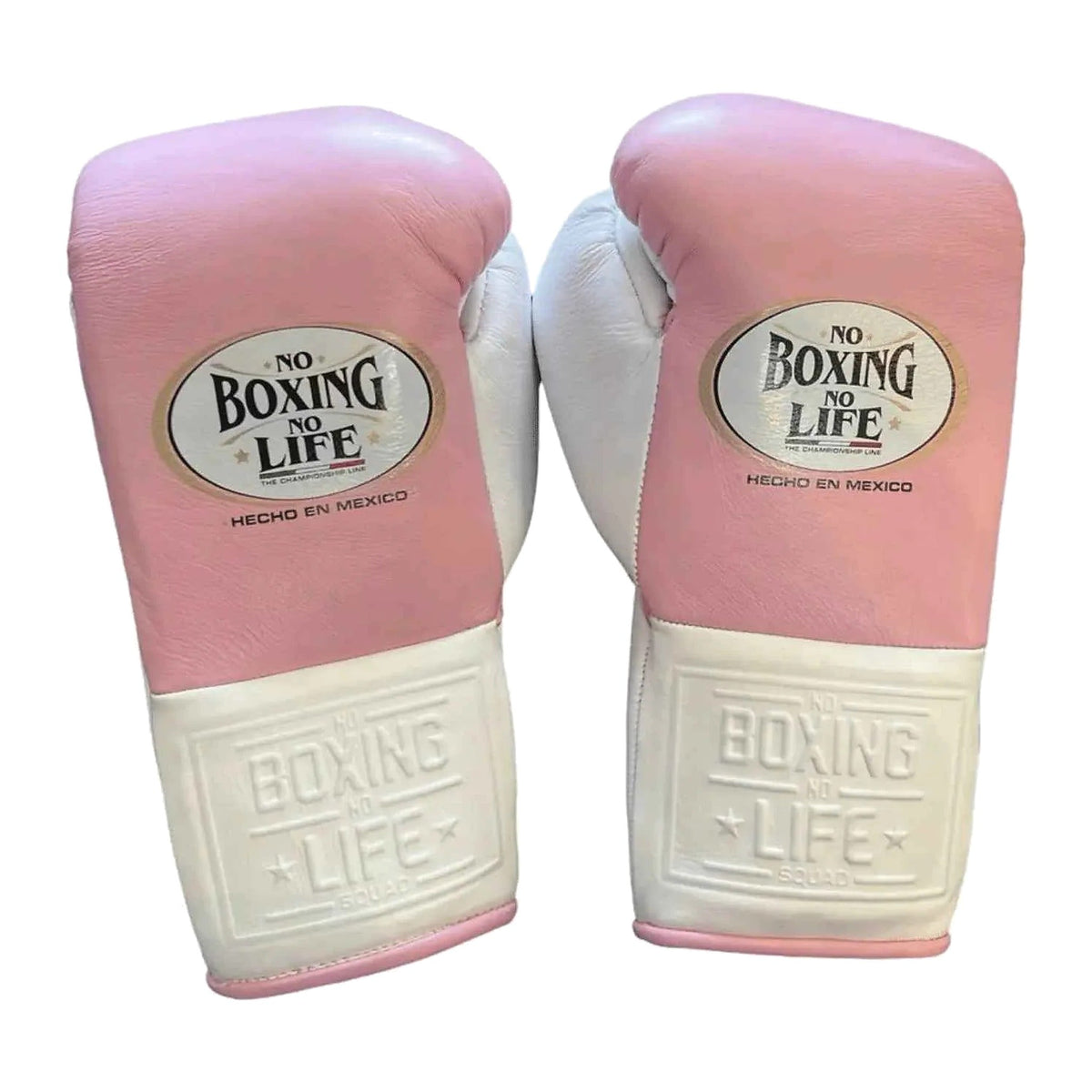 No Boxing No Life pink white gloves close-up of lace-up wrist closure