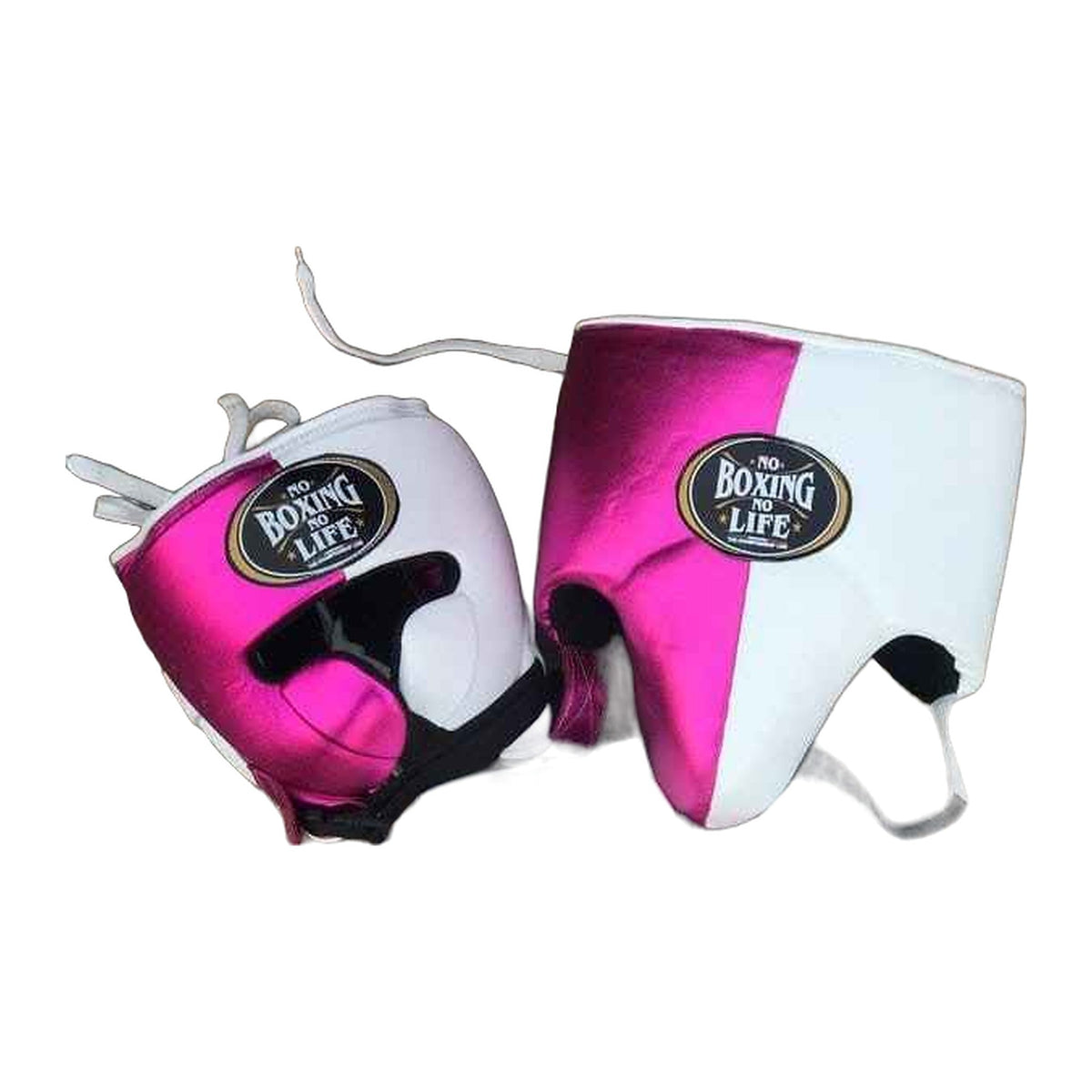 No Boxing No Life pink & white sparring set - gloves, headgear and groin guard