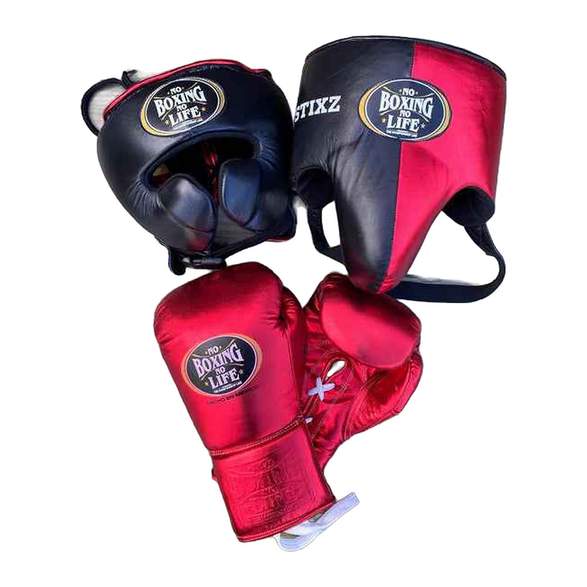 No Boxing No Life red & black sparring set 8oz to 16oz - gloves, headgear and groin protector
