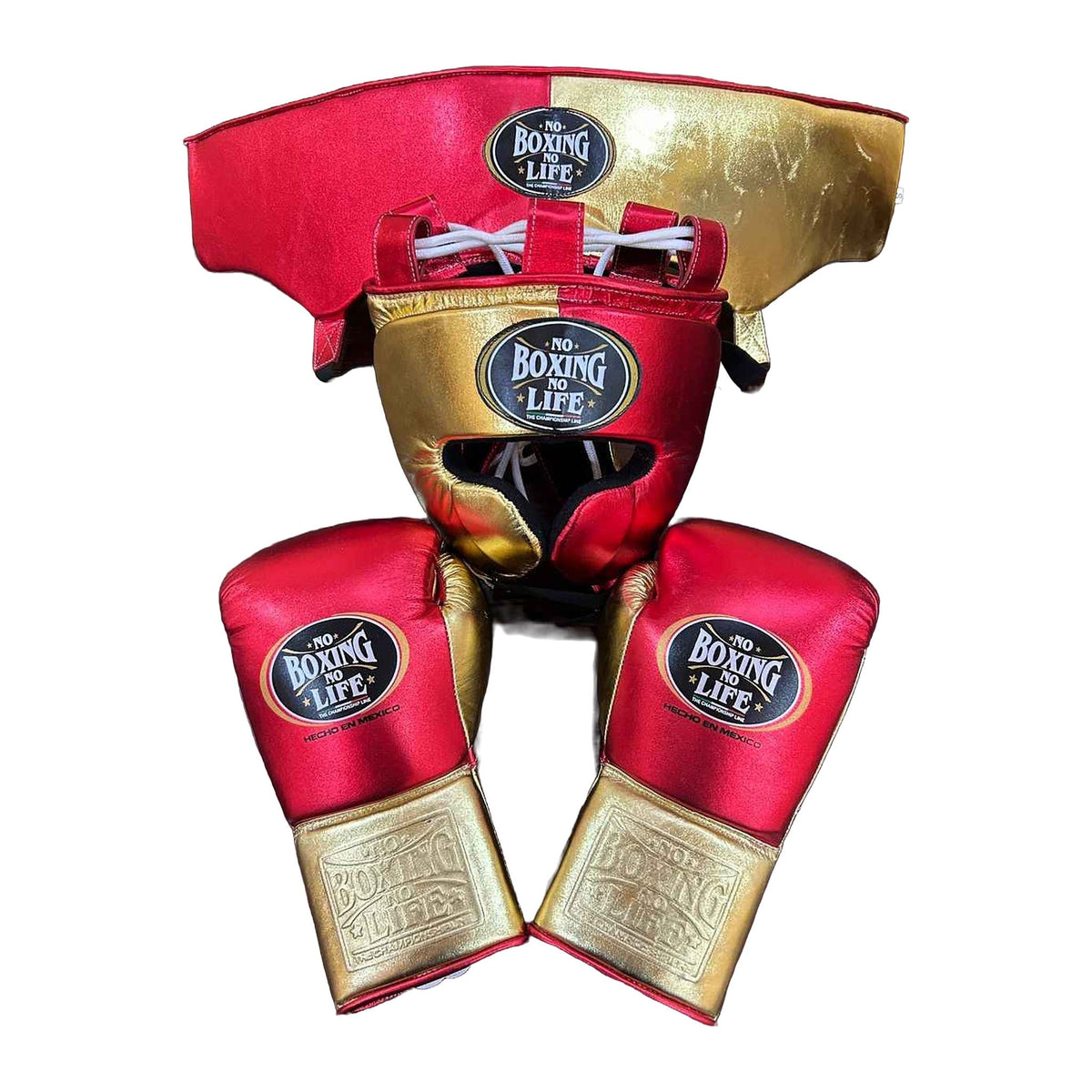 No Boxing No Life red & gold sparring set - gloves, headgear and groin guard