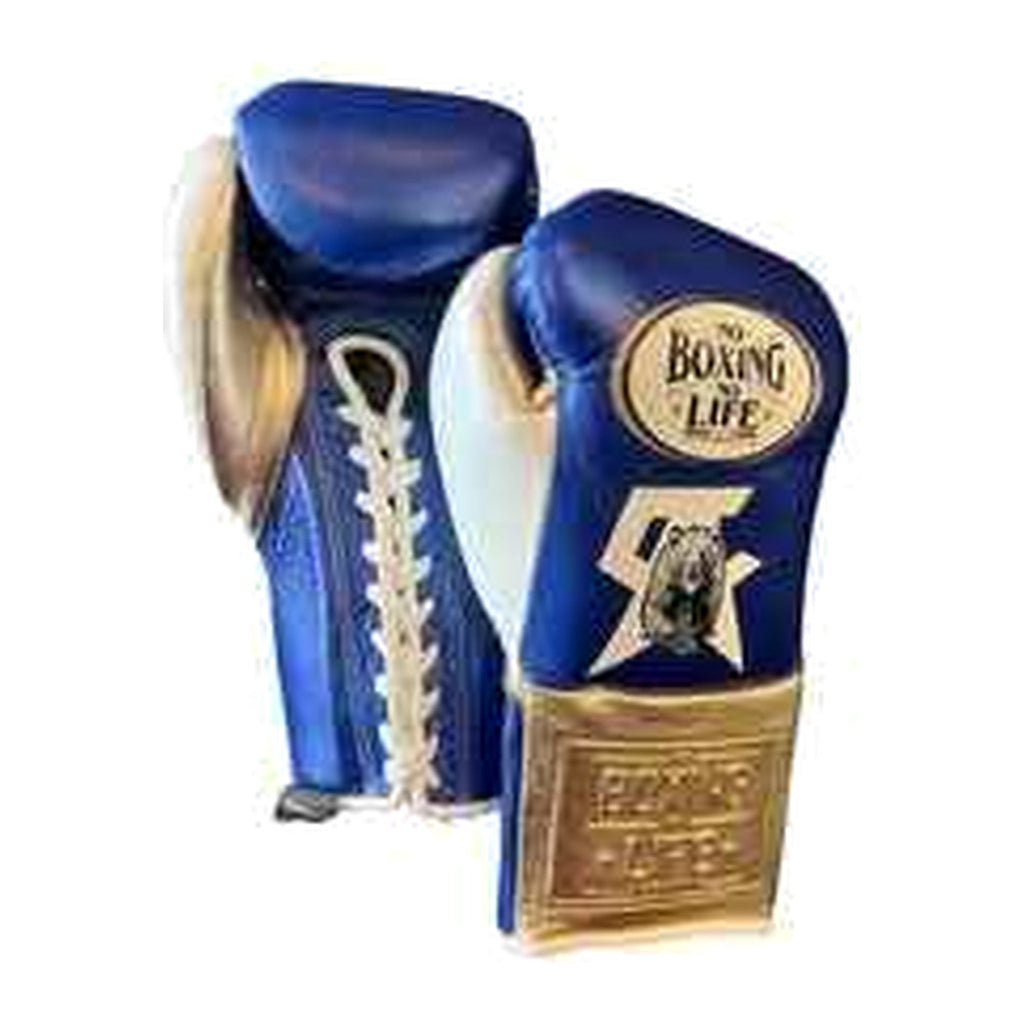 No Boxing No Life royal blue and gold lace-up gloves pair displayed