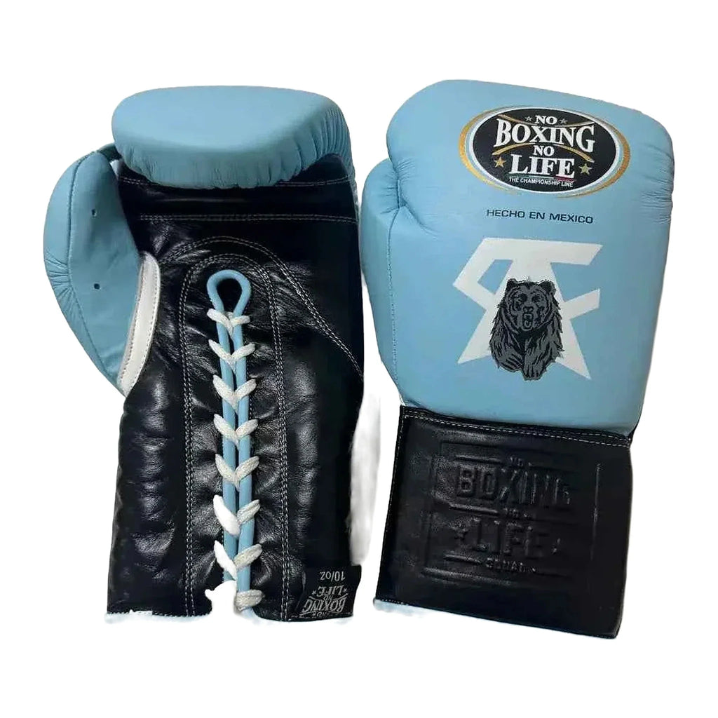 NBNL sky blue gloves side profile showing compact Mexican glove shape