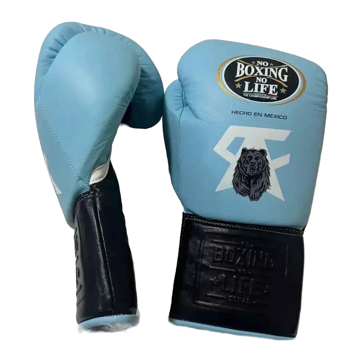 No Boxing No Life sky blue black gloves close-up of laces and leather