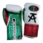 NBNL tricolor lace-up boxing gloves side profile showing compact Mexican glove shape