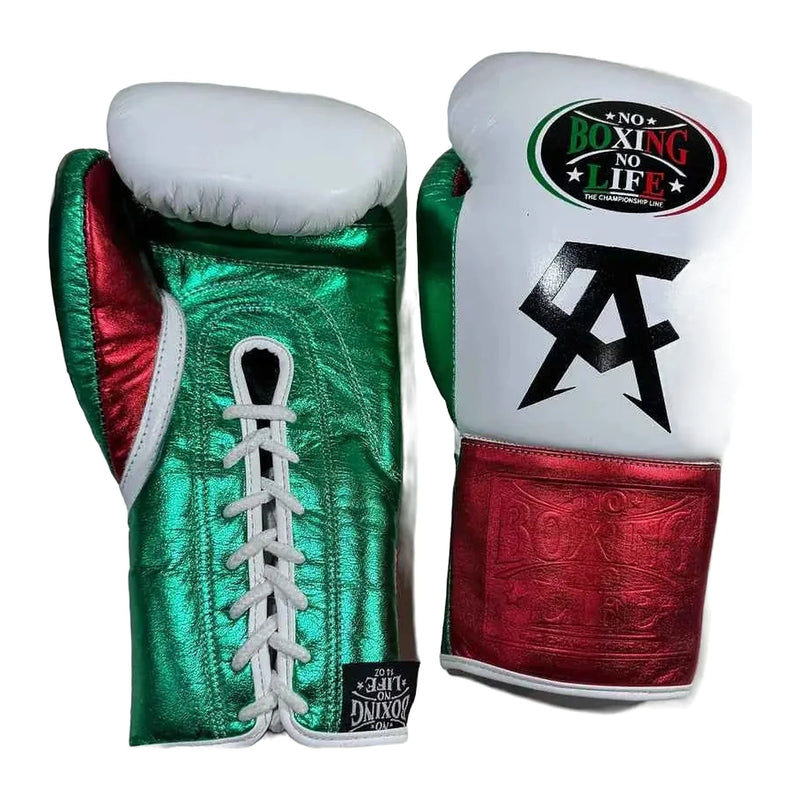 No Boxing No Life tricolor boxing gloves in white, green and metallic red - NBNL Mexican lace-up gloves