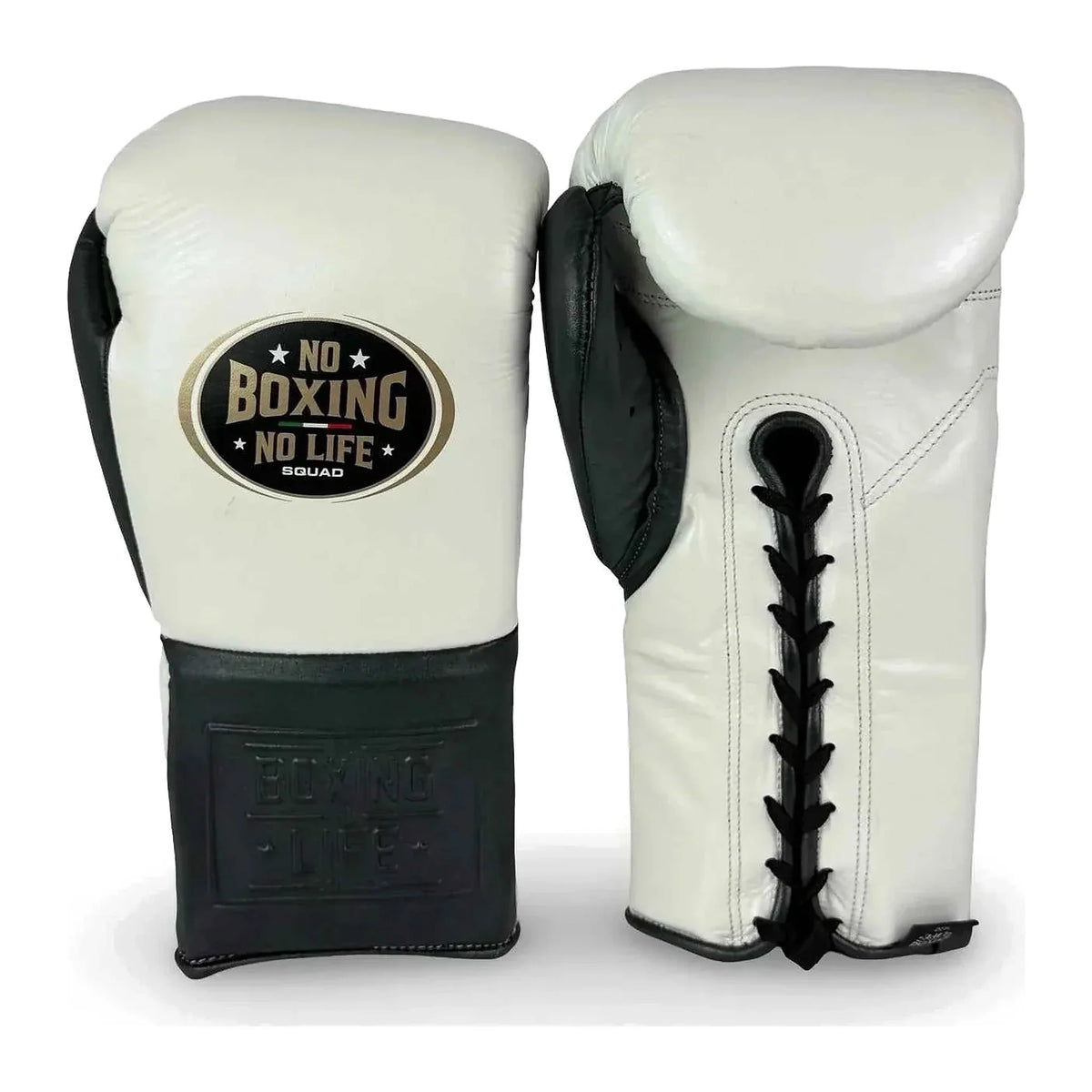 No Boxing No Life white and black boxing gloves 8oz to 20oz - NBNL horsehair Mexican lace-up