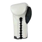 No Boxing No Life white and black lace-up gloves pair displayed together