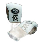 No Boxing No Life white bronze gloves close-up of cowhide leather stitching