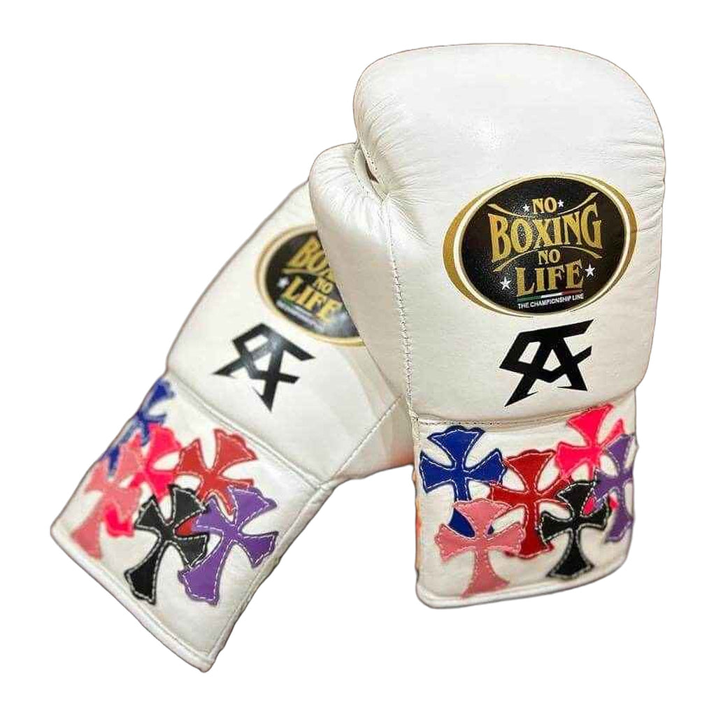 NBNL white cross patch gloves close-up of multi-color patchwork panels