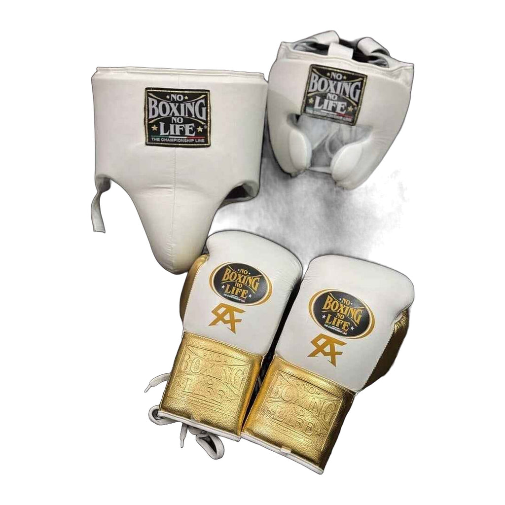 NBNL white & gold headgear front view with cheek protection