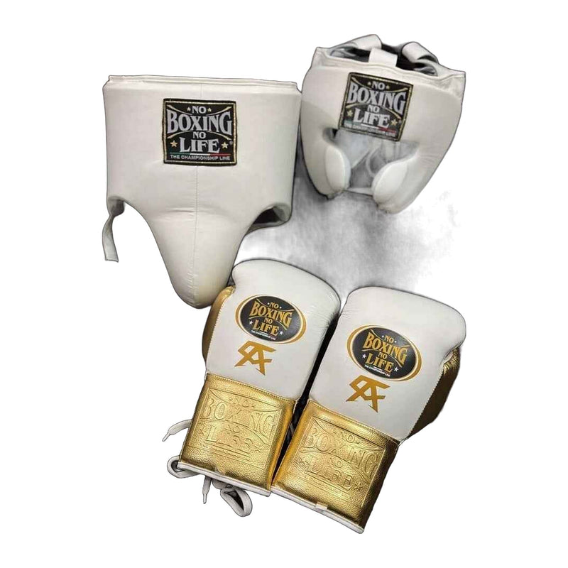 No Boxing No Life white & gold sparring set - gloves, headgear and groin guard