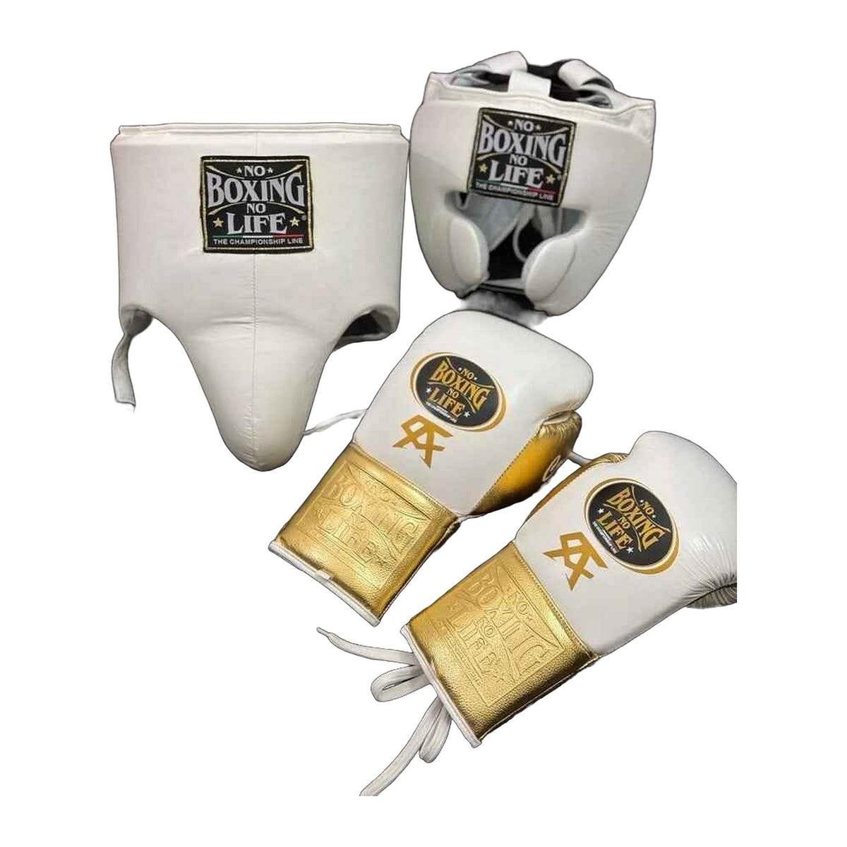 NBNL white & gold lace-up gloves close-up