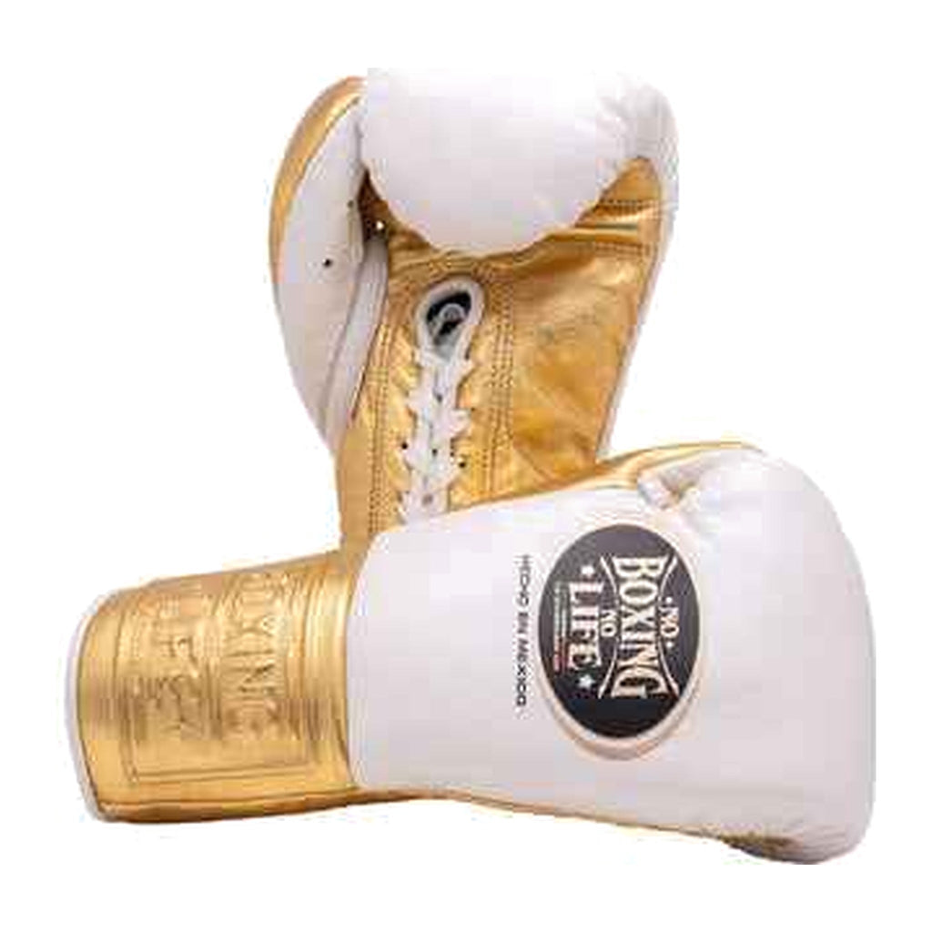 NBNL white and metallic gold lace-up gloves pair displayed together
