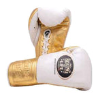 NBNL white and metallic gold lace-up gloves pair displayed together