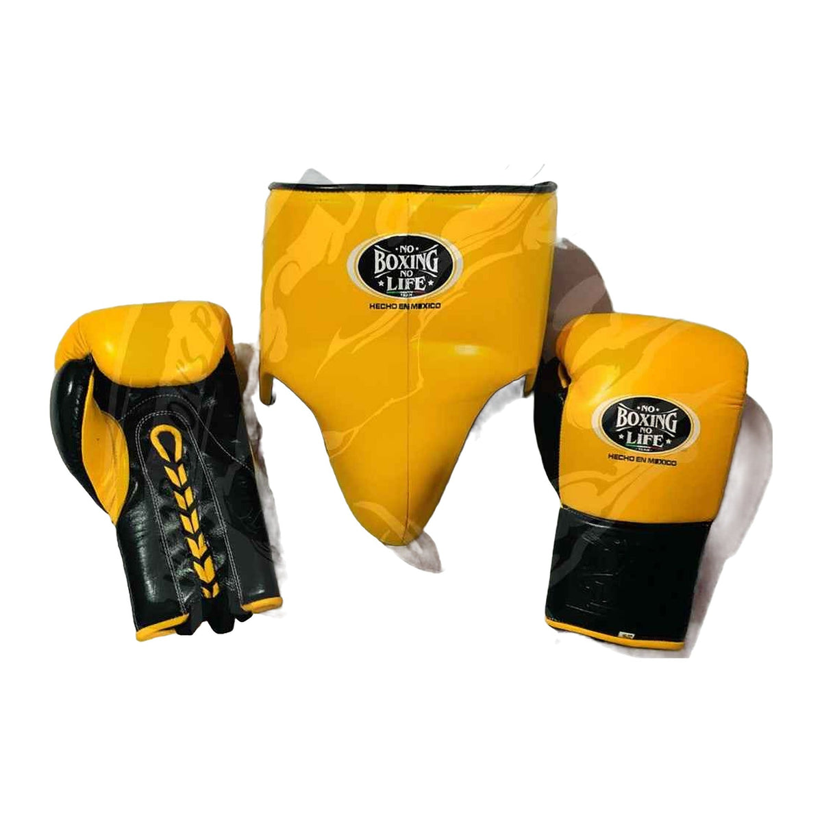 NBNL yellow & black sparring set three pieces laid out together