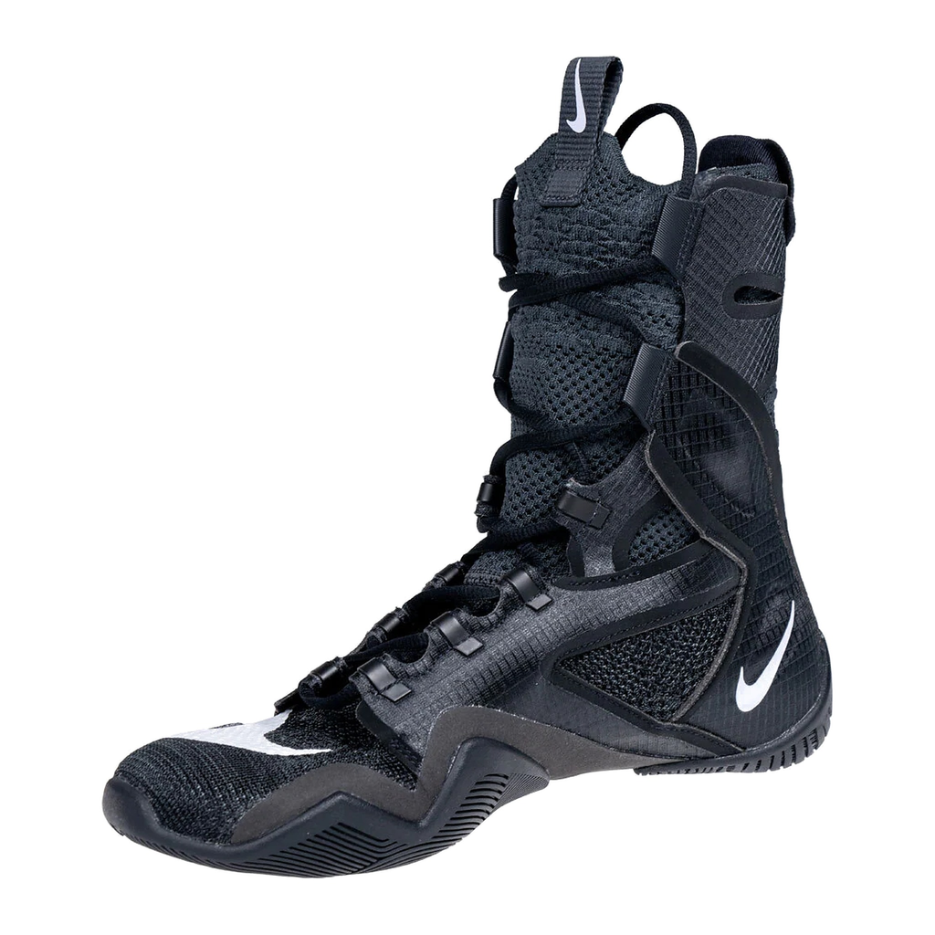 Custom Nike HyperKO 2 boxing shoes in black and white, top-down lacing view