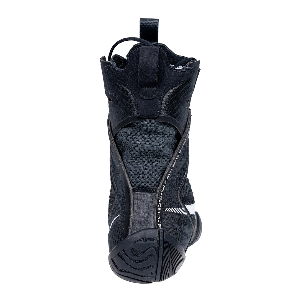 Custom Nike HyperKO 2 boxing shoes in black and white, single shoe angled view
