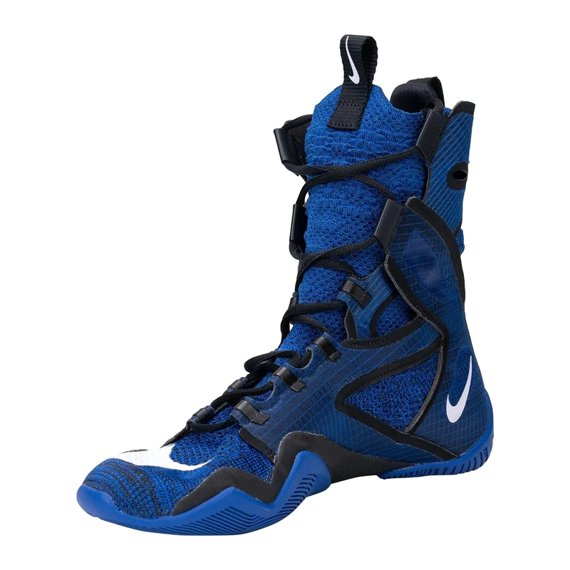 A Custom Nike HyperKO 2 boxing shoe in a vibrant blue and black colorway, featuring a black structural exoskeleton and white detailing, displayed on a white background.