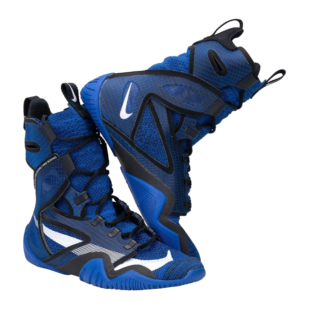 Nike HyperKO 2 boxing shoes in royal blue, black and white, full pair on white background
