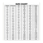 Boxing shoe size chart with US Men, US Women, UK, EU, CM, and inch conversions