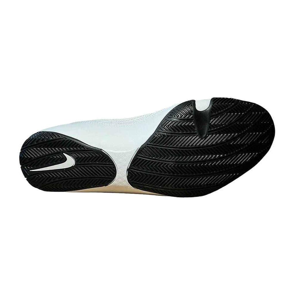 Nike Machomai 2 boxing shoes in white and black, rear view with ankle lacing