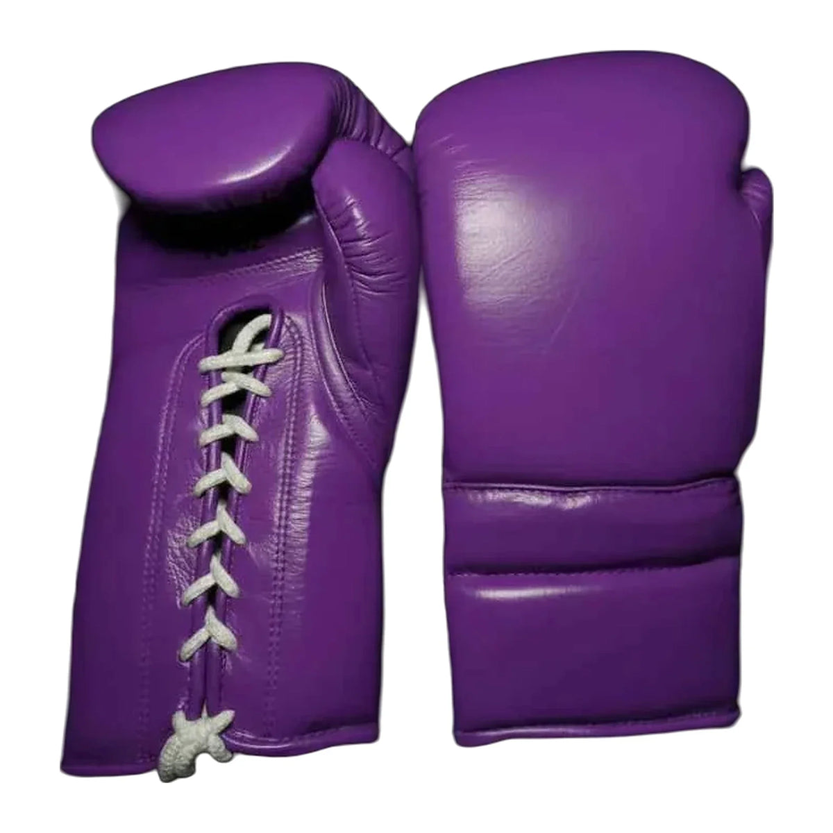 Purple leather lace-up sparring gloves, front and back view