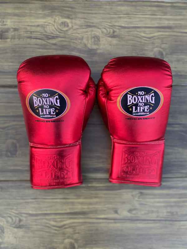 No Boxing No Life Boxing Gloves - Professional Lace-Up Metallic Red Edition