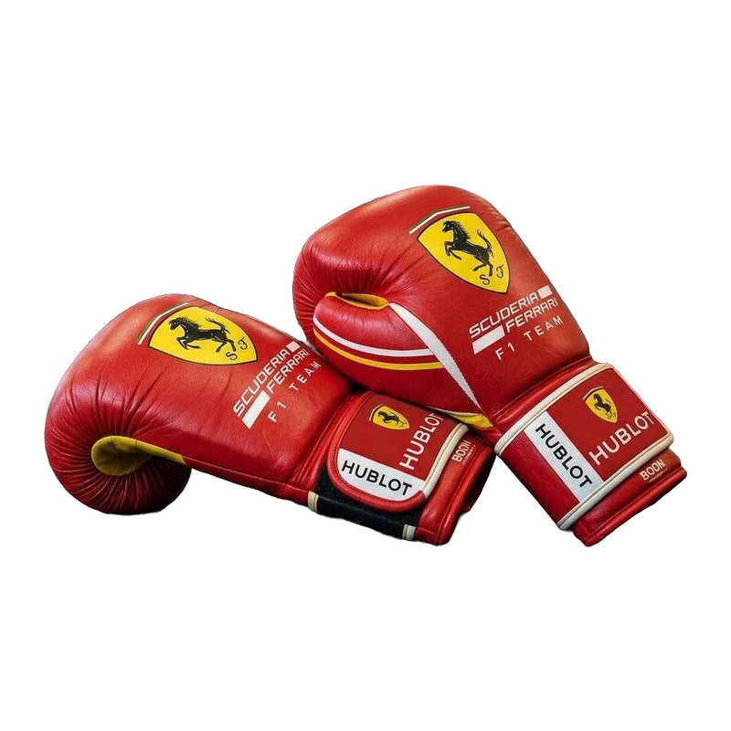 Rosso Corsa racing boxing gloves in red and yellow, pair shown together