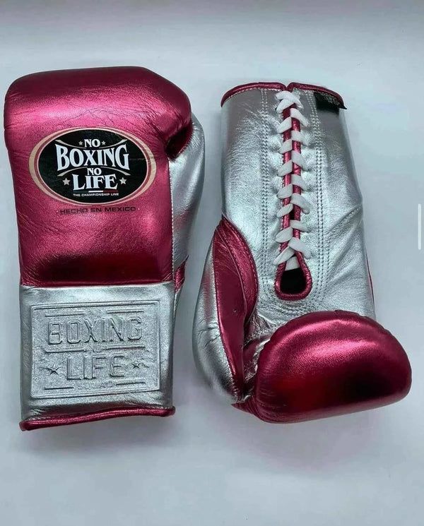 No Boxing No Life Boxing Gloves Silver/Red | Mexican Handmade Lace-Up Professional Boxing Gloves