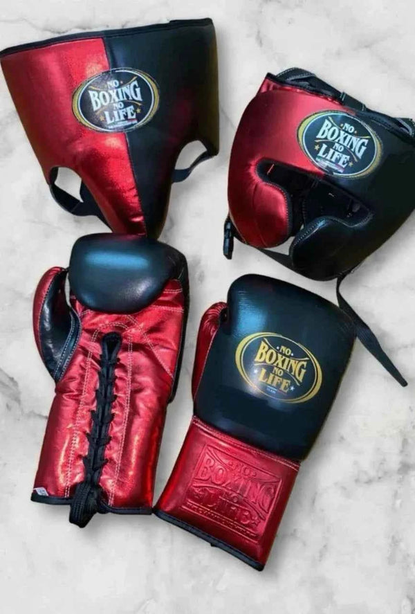 No Boxing No Life Gloves Set - Professional Gloves, Headguard, and Groinguard Set in Metallic Red & Black Custom Edition