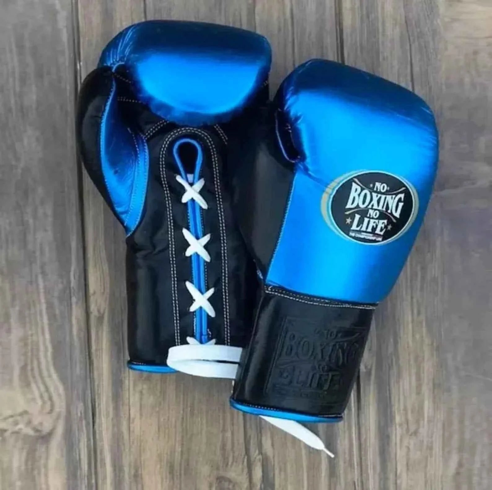No Boxing No Life Professional Lace-Up Boxing Gloves - Metallic Blue & Black Edition - PunchPro Boxing