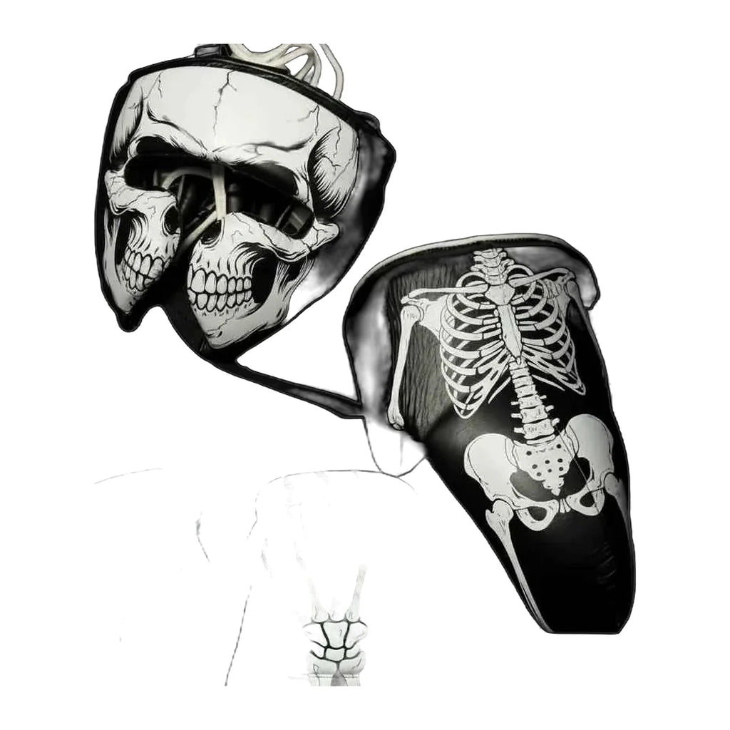Skeleton design boxing sparring set – black leather gloves, headgear and groin guard