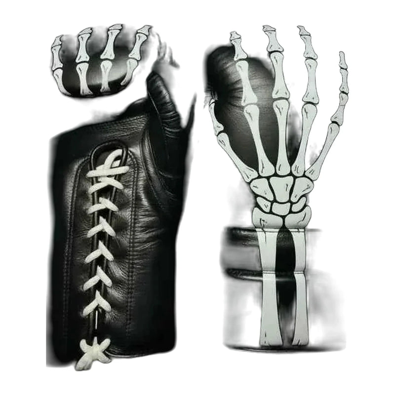 Skeleton design boxing sparring set – black leather gloves, headgear and groin guard