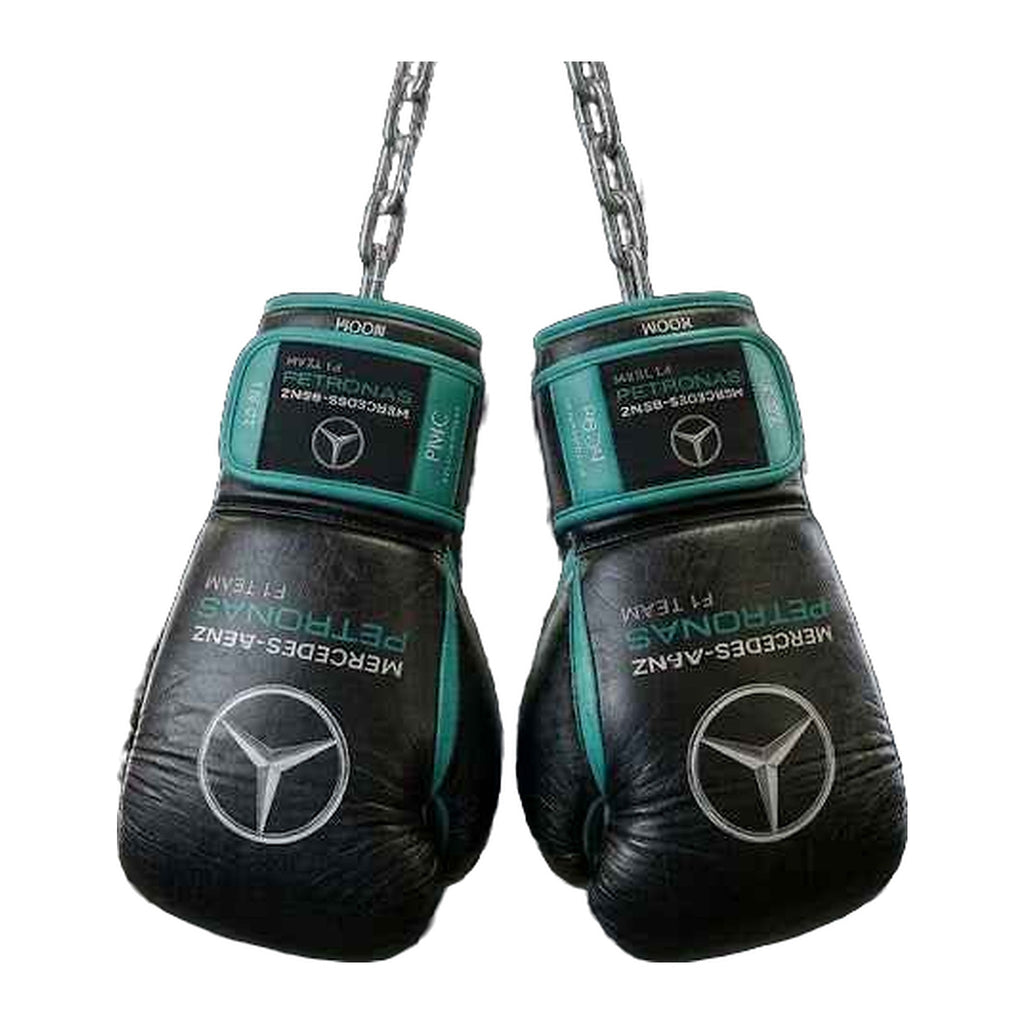 Black and teal boxing gloves knuckle view with racing-inspired panelling