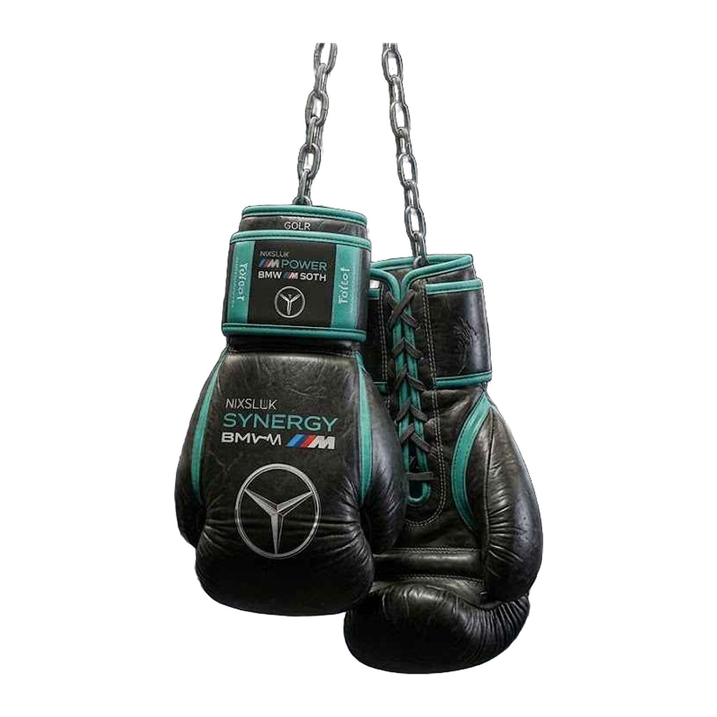 Stealth black and teal racing-style lace-up boxing gloves