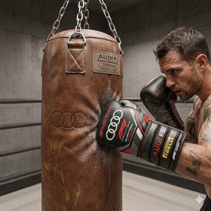 Carbon black boxing gloves knuckle view with racing-inspired panelling