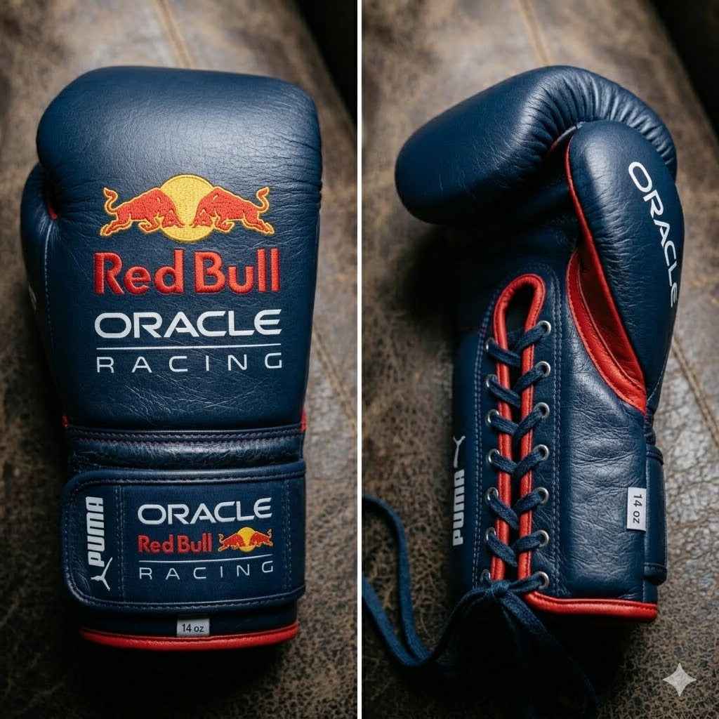 Navy and red racing boxing gloves palm view showing grip bar