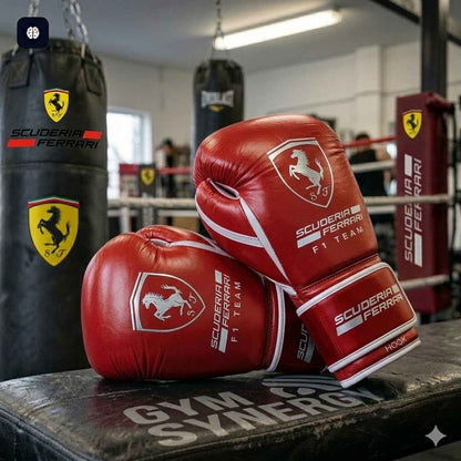 Red and yellow boxing gloves knuckle view with contrast stitching
