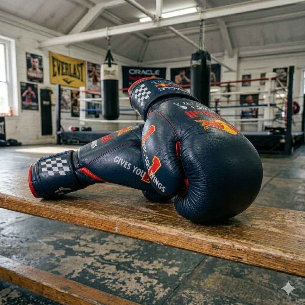 Navy and red boxing gloves knuckle view with contrast panelling