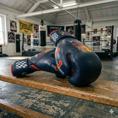 Navy and red boxing gloves knuckle view with contrast panelling