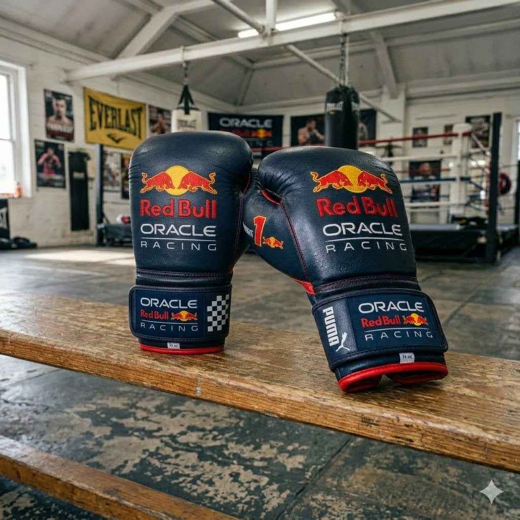 Navy and red boxing gloves side profile showing wrist support
