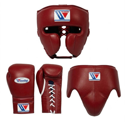 Winning Dark Red 3-piece boxing sparring set with lace-up gloves, FG-2900 headgear, and CPS-500 groin guard