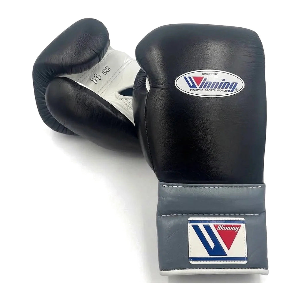 Winning Boxing Gloves Black & White lace-up training glove, genuine leather, 8oz to 16oz