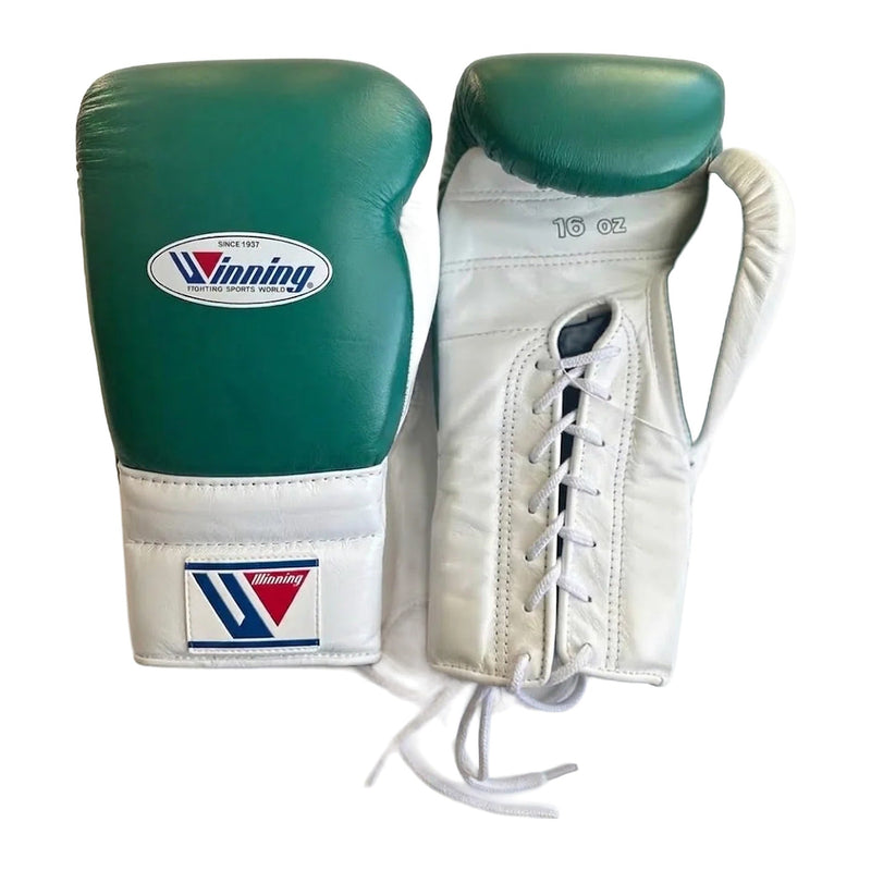 Winning Boxing Gloves Forest Green & White lace-up training glove, genuine leather, 8oz to 16oz